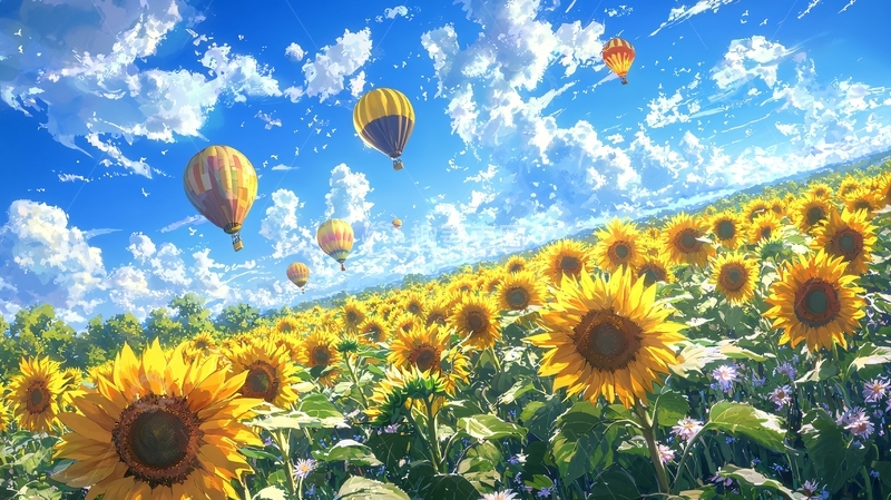 高清大图下载【趣麦麦图】向日葵花田热气球