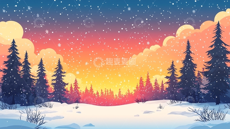 高清大图下载【趣麦麦图】冬季雪景日落