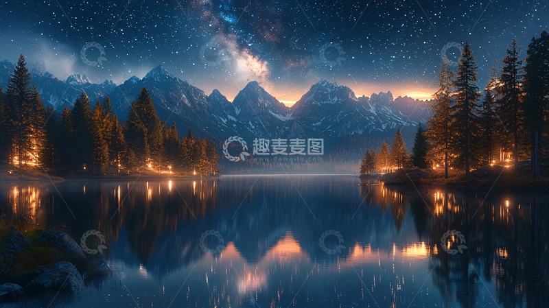 高清大图下载【趣麦麦图】星空下的湖泊与山峰