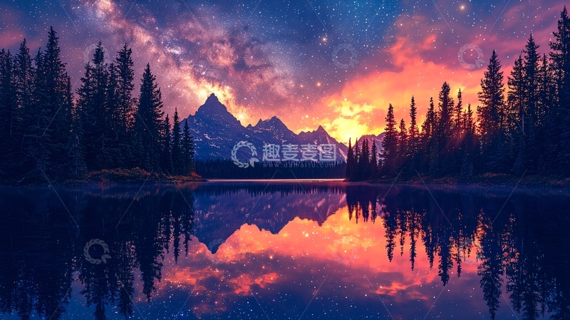 高清大图下载【趣麦麦图】极光倒影山峰湖泊星空