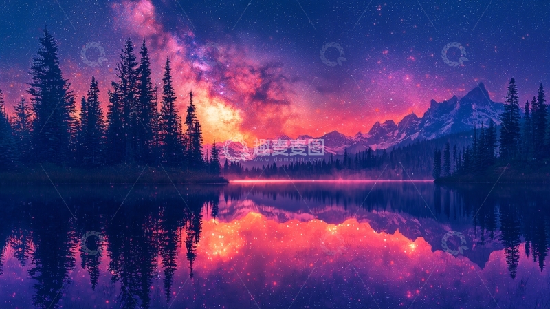 高清大图下载【趣麦麦图】梦幻星空倒影湖泊