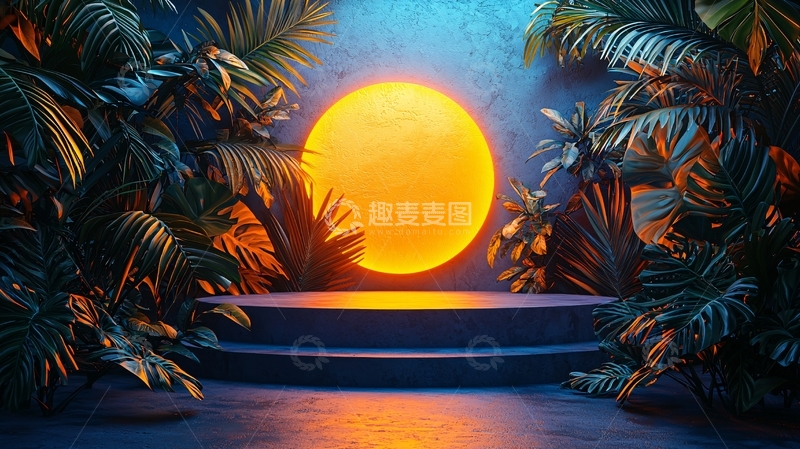 高清大图下载【趣麦麦图】热带植物环绕的蓝色圆形展台