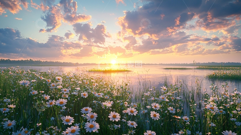 高清大图下载【趣麦麦图】日出湖边野花盛开