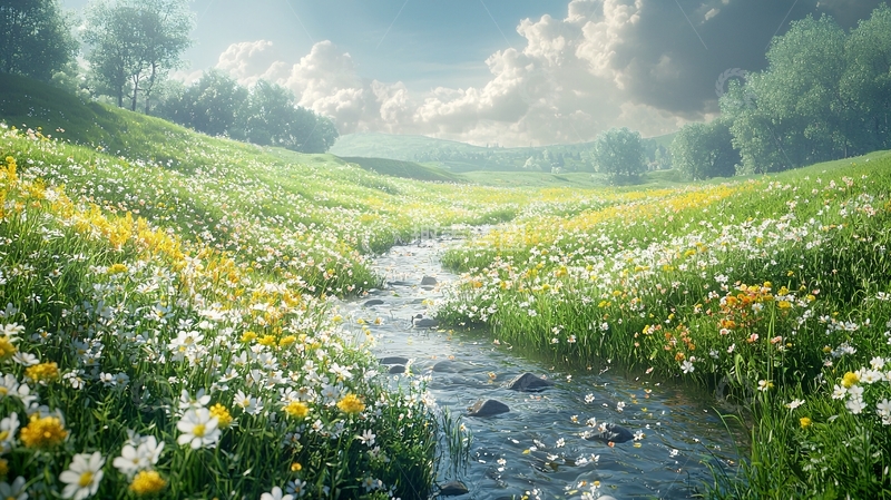 高清大图下载【趣麦麦图】春意盎然的田园小溪