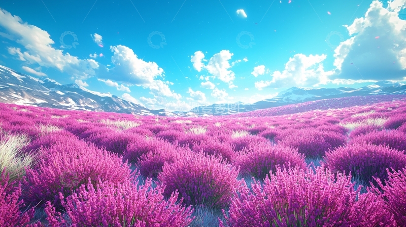 高清大图下载【趣麦麦图】梦幻粉色花海雪山