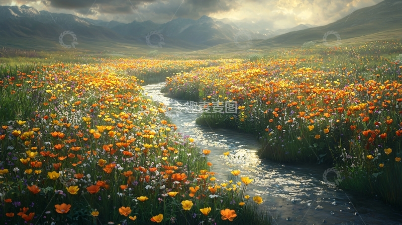 高清大图下载【趣麦麦图】溪流花海
