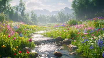 阳光下的山谷溪流