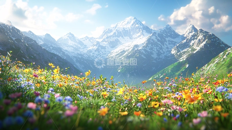 高清大图下载【趣麦麦图】雪山花海