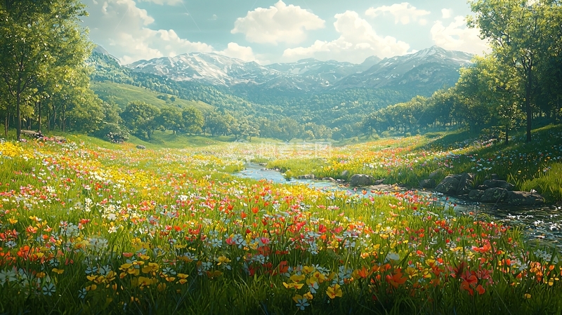 高清大图下载【趣麦麦图】山谷里的彩色野花田