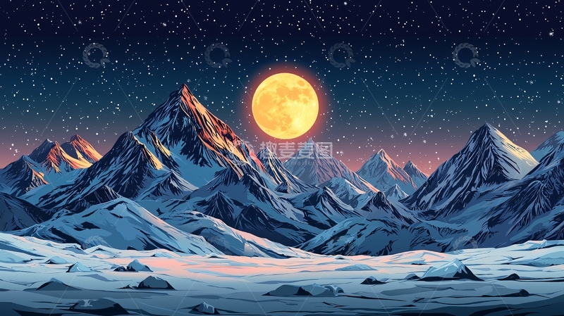高清大图下载【趣麦麦图】极简星空下的雪山月夜