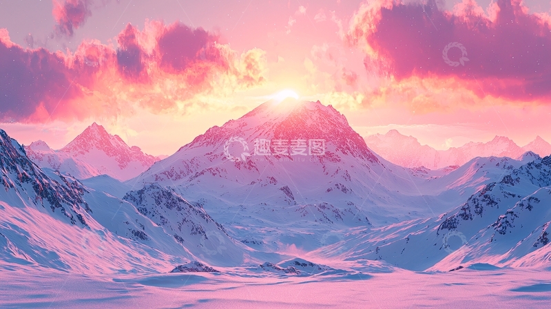 高清大图下载【趣麦麦图】粉色天空下的雪山日落