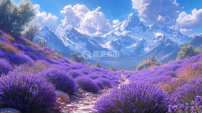 高清大图下载【趣麦麦图】薰衣草花田雪山风景