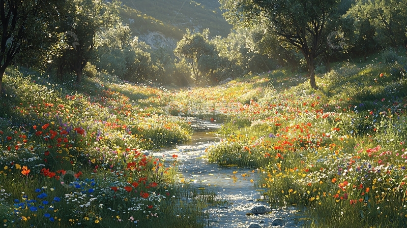 高清大图下载【趣麦麦图】阳光洒满野花溪流