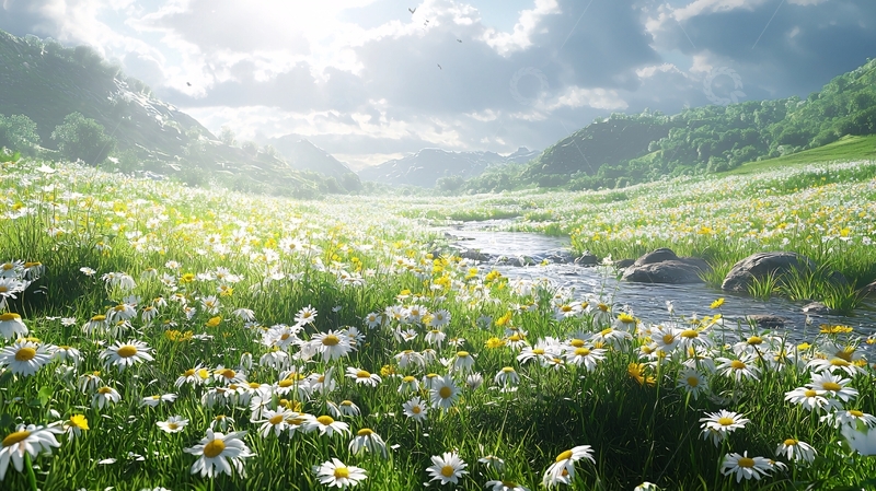 高清大图下载【趣麦麦图】阳光下的山谷溪流野花