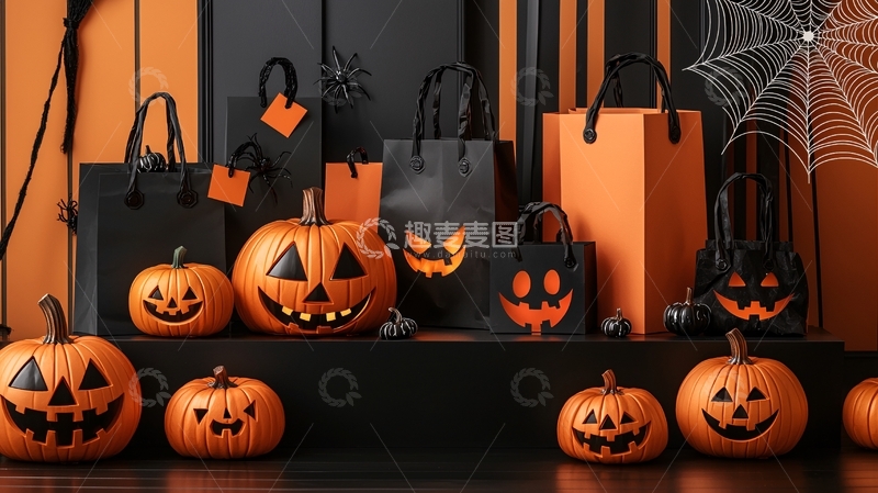 高清大图下载【趣麦麦图】万圣节南瓜灯和购物袋
