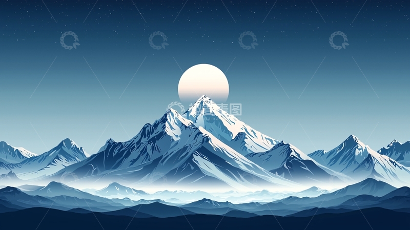 高清大图下载【趣麦麦图】极简蓝色雪山月夜图