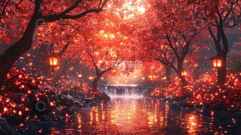 高清大图下载【趣麦麦图】红叶森林小溪瀑布夜景