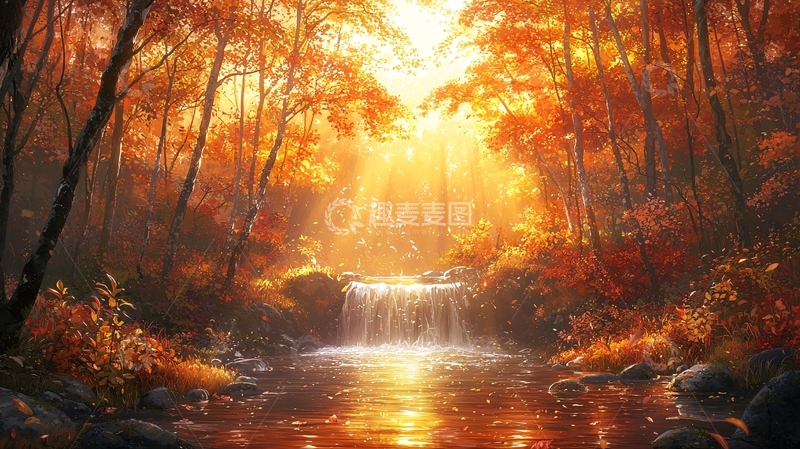高清大图下载【趣麦麦图】秋日森林瀑布