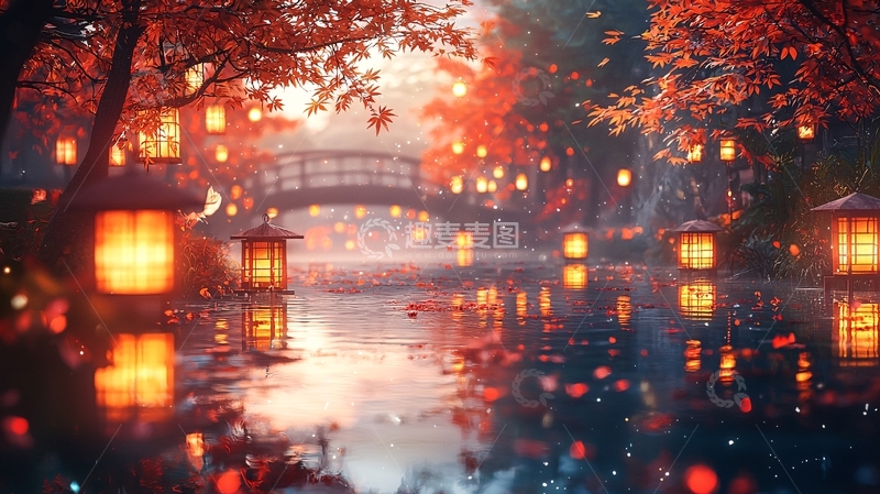 高清大图下载【趣麦麦图】秋日红枫桥边灯笼