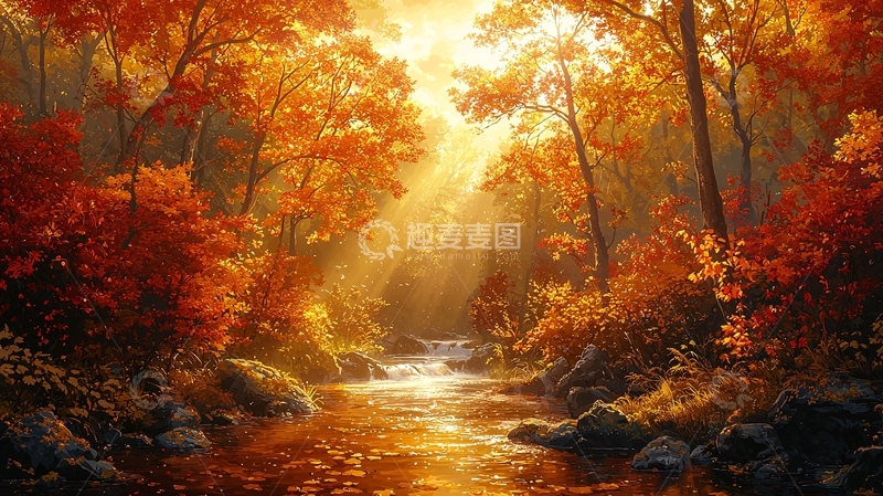 高清大图下载【趣麦麦图】秋日森林溪流阳光