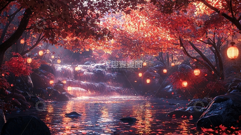 高清大图下载【趣麦麦图】梦幻红枫林溪流