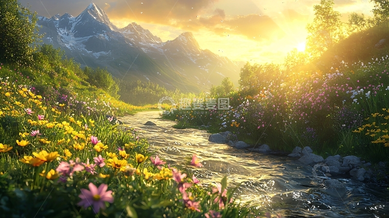 高清大图下载【趣麦麦图】夕阳下的山谷溪流