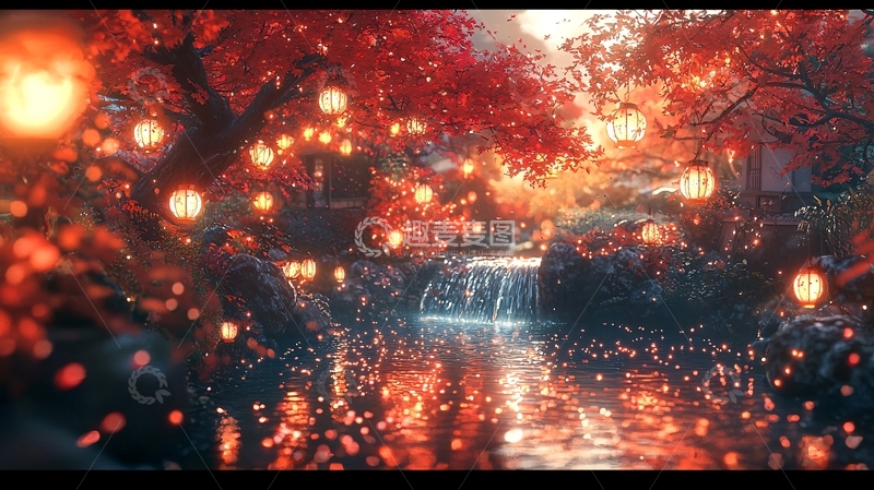高清大图下载【趣麦麦图】秋日红枫小溪灯笼