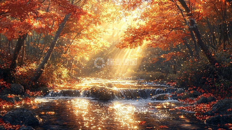高清大图下载【趣麦麦图】秋日森林小溪阳光