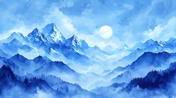 蓝色山脉水彩画