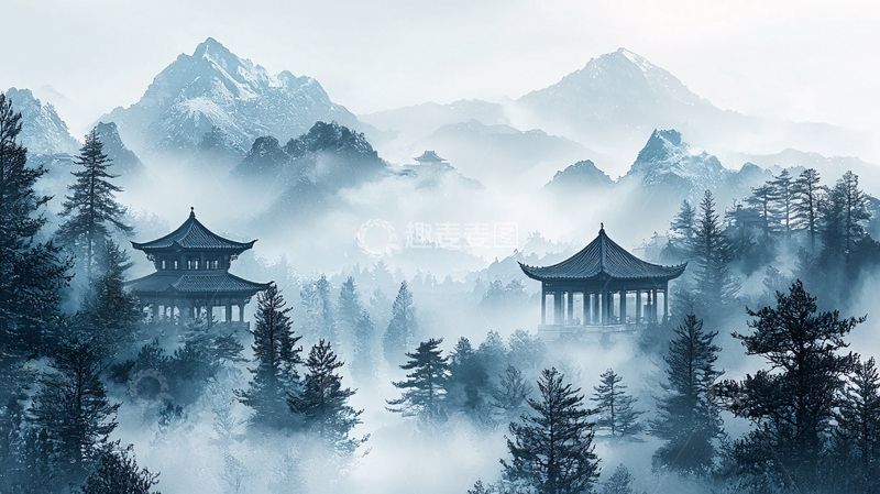 高清大图下载【趣麦麦图】水墨画山景寺庙
