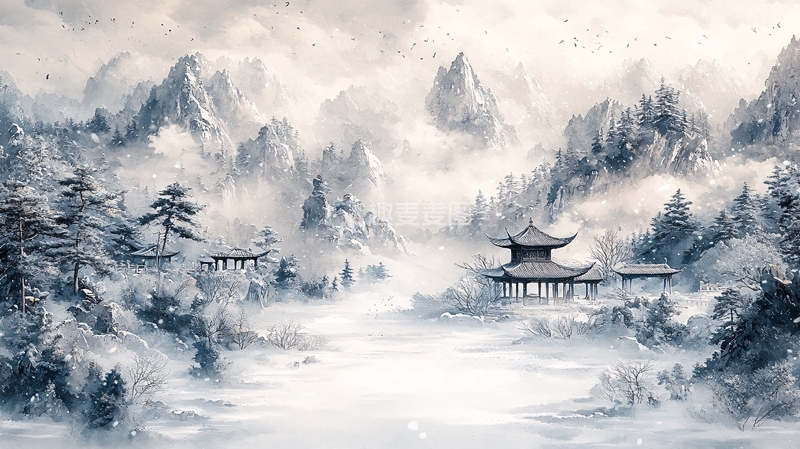 高清大图下载【趣麦麦图】水墨画风格雪山寺庙