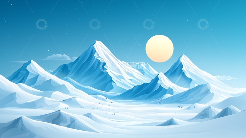 高清大图下载【趣麦麦图】极简蓝色雪山日出