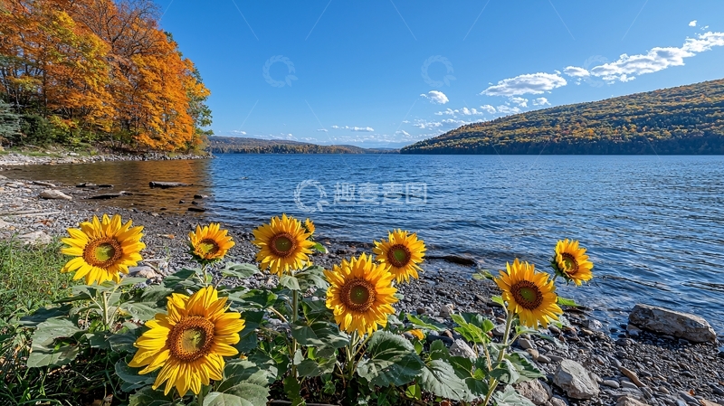 高清大图下载【趣麦麦图】秋日湖边向日葵