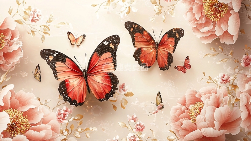 高清大图下载【趣麦麦图】粉色牡丹花蝴蝶