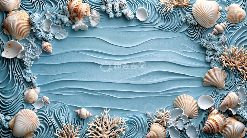 高清大图下载【趣麦麦图】贝壳边框蓝色背景