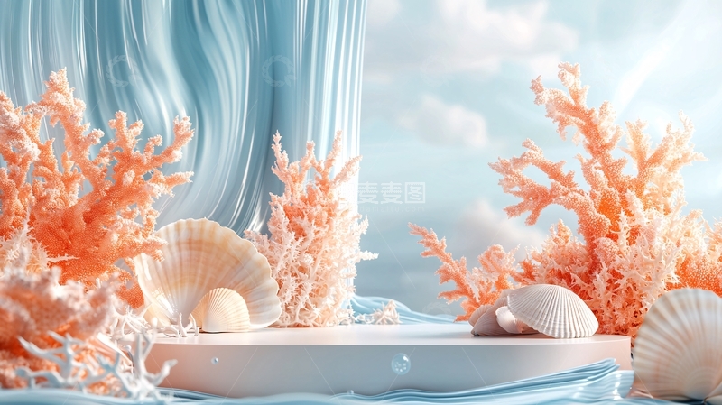 高清大图下载【趣麦麦图】轻柔蓝色背景珊瑚摆拍