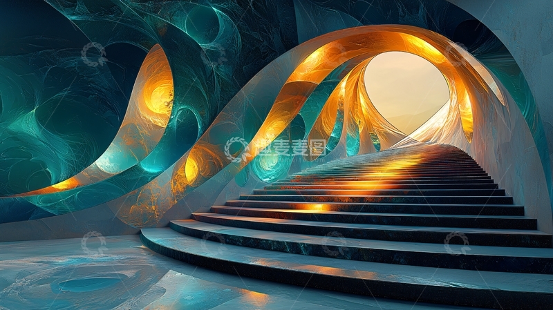 高清大图下载【趣麦麦图】奇幻蓝色金色阶梯通道