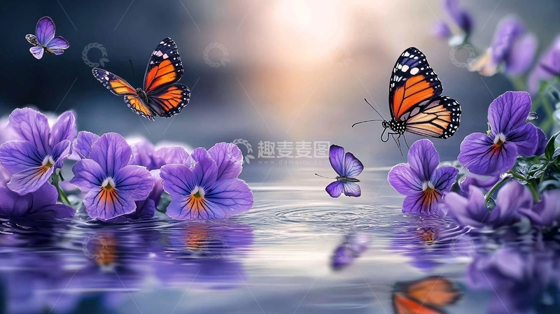 高清大图下载【趣麦麦图】蝴蝶紫花水面倒影