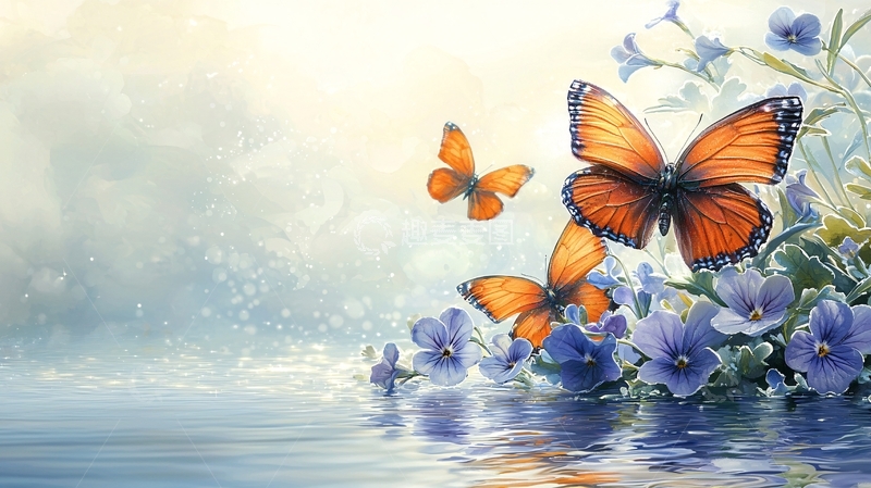 高清大图下载【趣麦麦图】蝴蝶花朵水面倒影