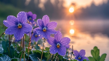 晨曦中沾露的紫色花朵