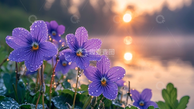 高清大图下载【趣麦麦图】晨曦中沾露的紫色花朵