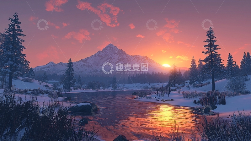 高清大图下载【趣麦麦图】雪山日落湖泊景色