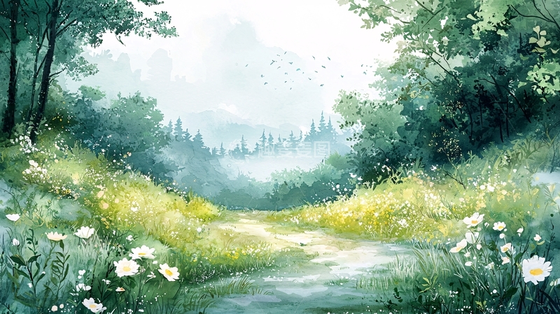 高清大图下载【趣麦麦图】水彩画森林小路