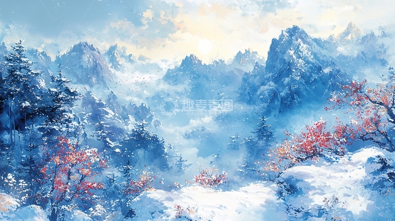 高清大图下载【趣麦麦图】冰雪覆盖的山脉冬季景观