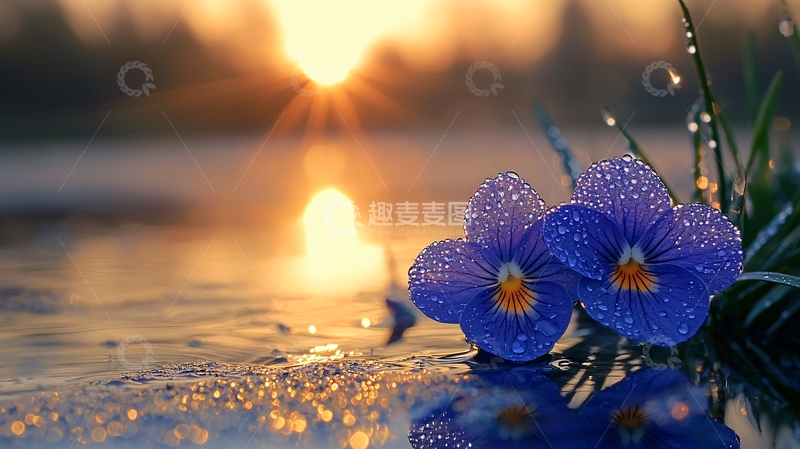 高清大图下载【趣麦麦图】日出时分沾露的蓝色小花