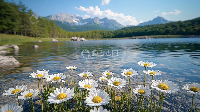 高清大图下载【趣麦麦图】山间湖泊雏菊花田