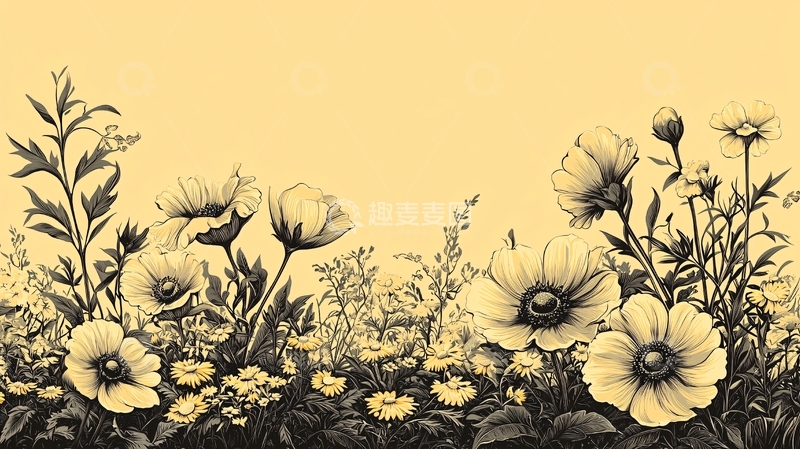 高清大图下载【趣麦麦图】淡黄色背景花卉手绘图