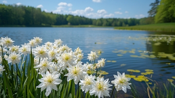 白花水仙湖边盛开