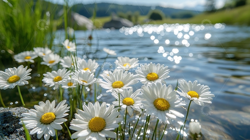 高清大图下载【趣麦麦图】阳光下溪边盛开的雏菊