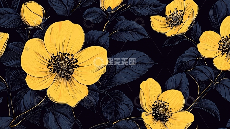 高清大图下载【趣麦麦图】深色背景黄色花卉图案
